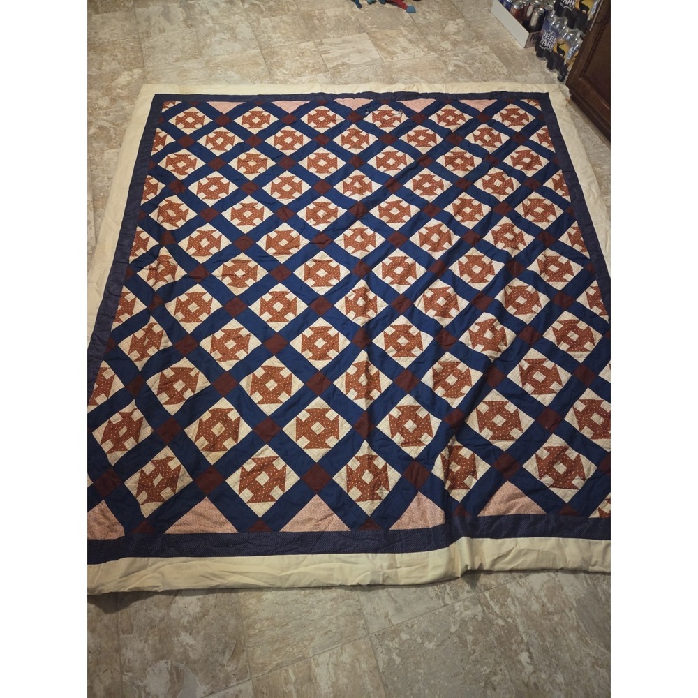 Vintage Handmade Cottage Core Churn Dash Quilt Queen Size